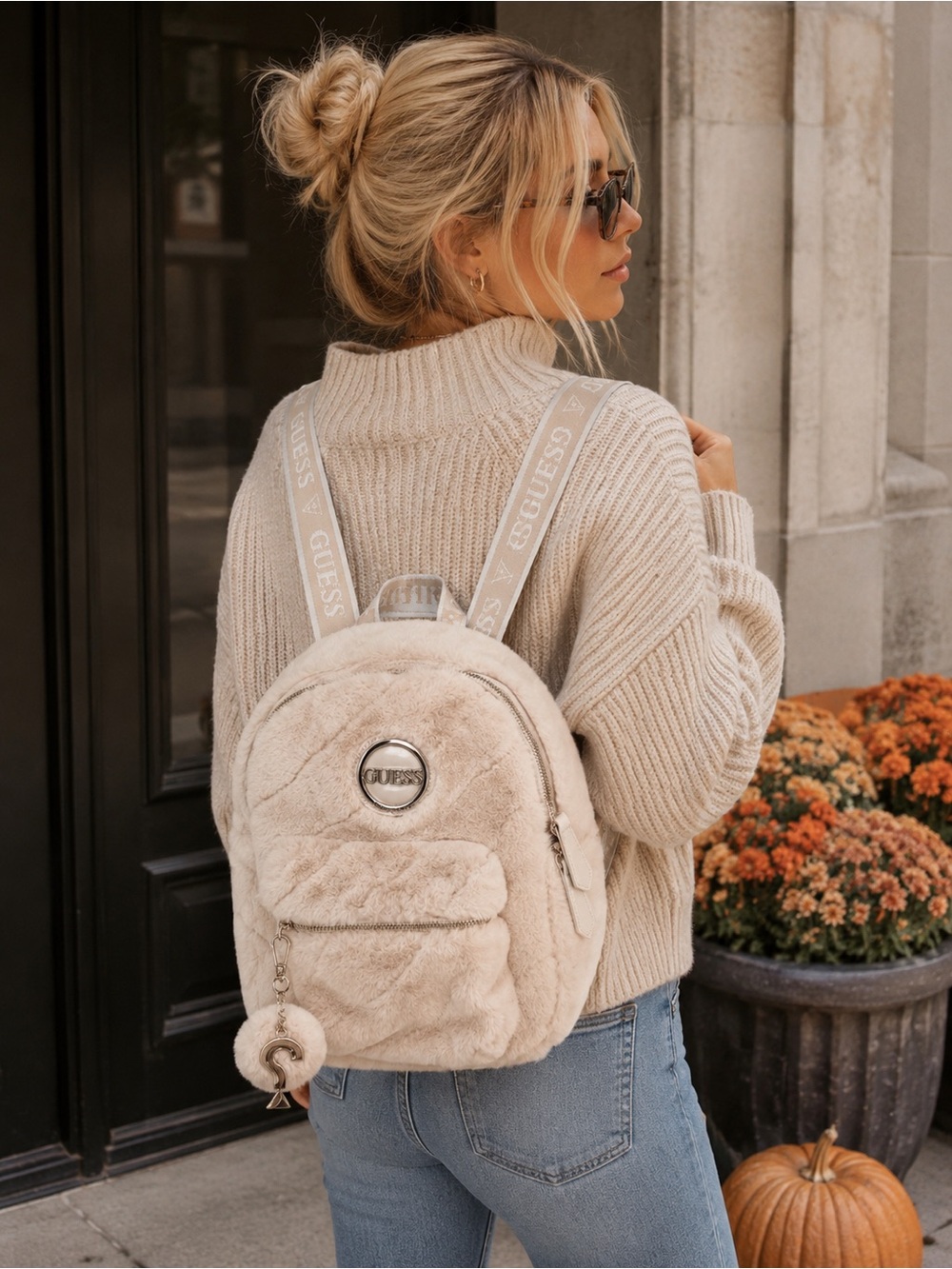 Guess Cream Faux-Fur Mini Backpack with Logo Straps